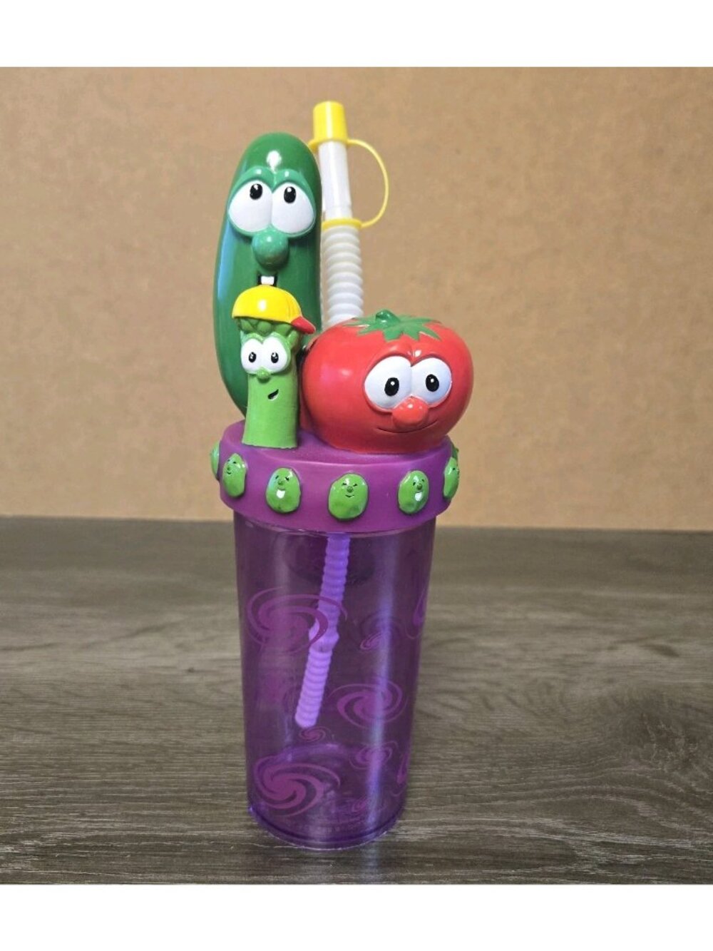 VTG Veggie Tales Water Bottle Straw Cup Bob Larry Jr 2000 Big Idea Productions